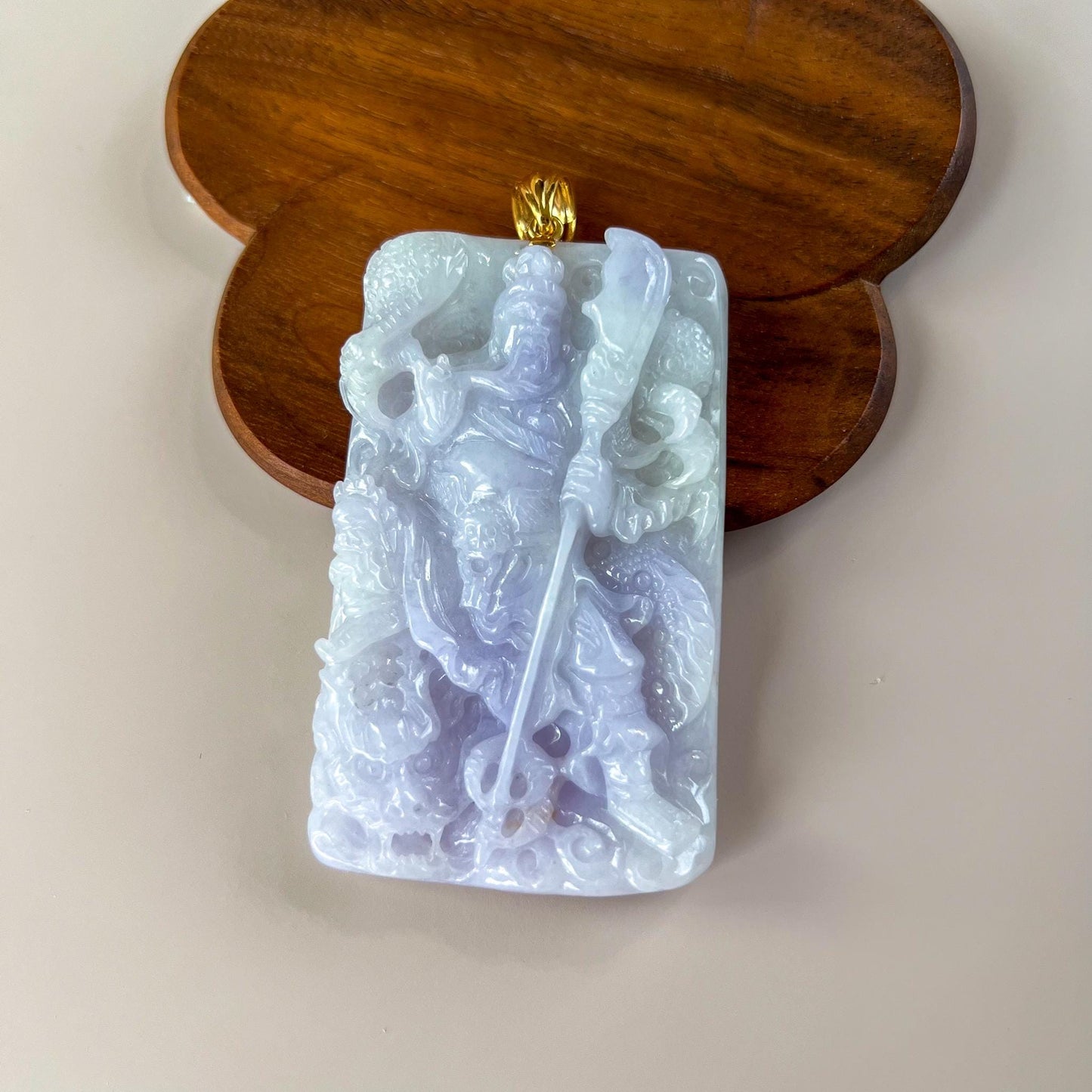 Valiant Guan Gong God of War and Dragon Pendant with 18K Gold, Lavender Purple Jadeite Jade Hand Carved Pendant, 关公, WMC-0724-1729097518