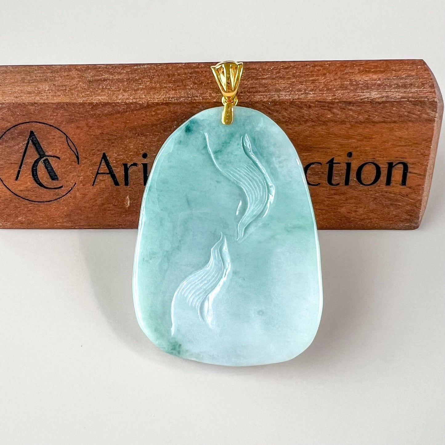 Celestial Nine 9 Tail Fox Jade Pendant with 18K Gold, Light Green Jadeite Jade Hand Carved Pendant, TC-0624-0007457