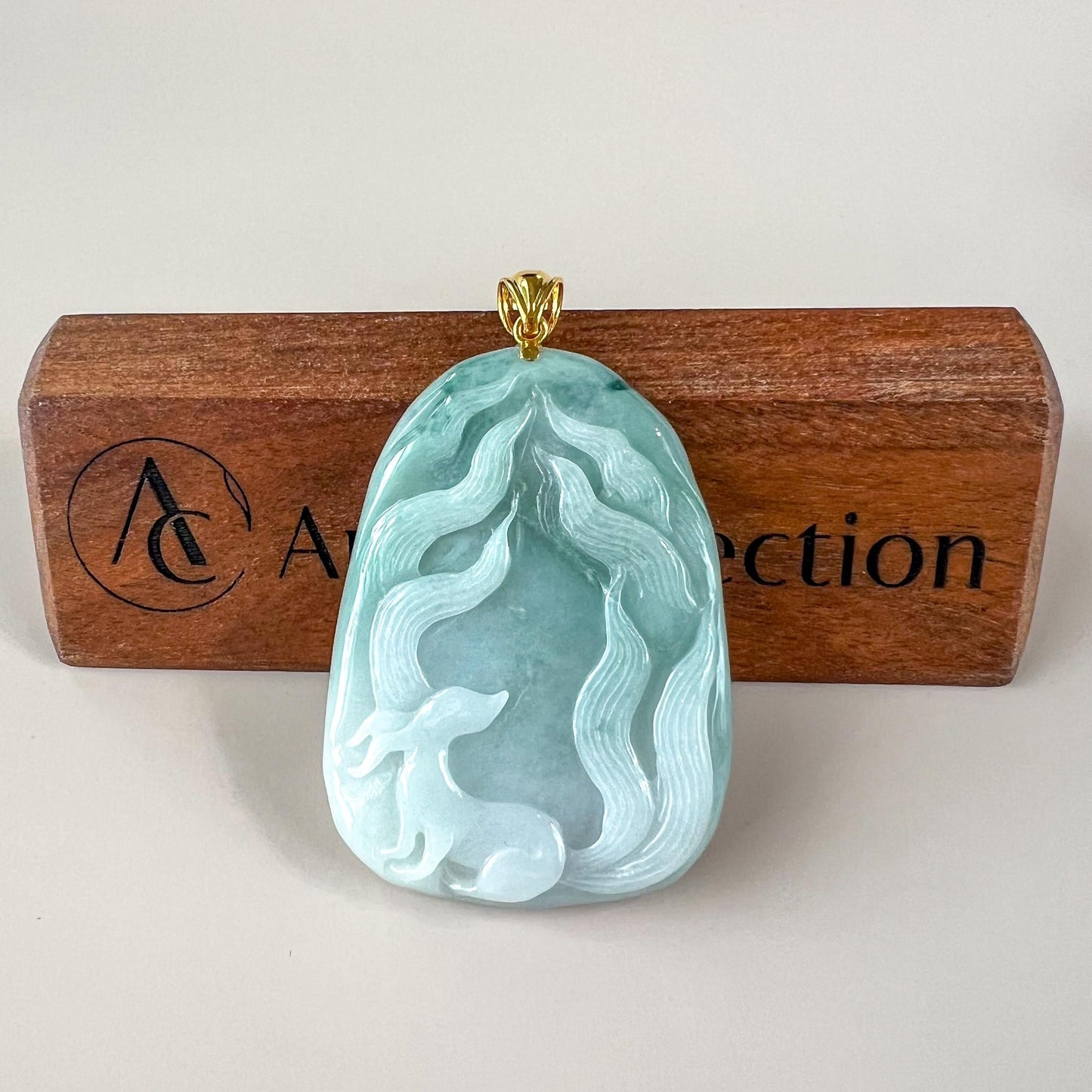 Celestial Nine 9 Tail Fox Jade Pendant with 18K Gold, Light Green Jadeite Jade Hand Carved Pendant, TC-0624-0007457