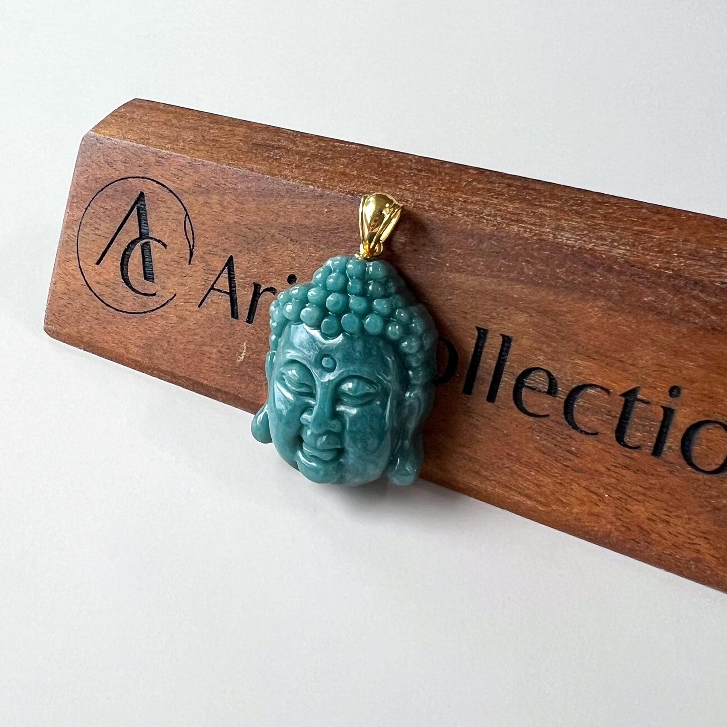 Jadeite Jade Buddha Head 18K Solid Gold Bail Pendant, Amida, Amitabha Buddha, 阿弥陀佛, Jade Carved Pendant, LAN-0424-1757816097