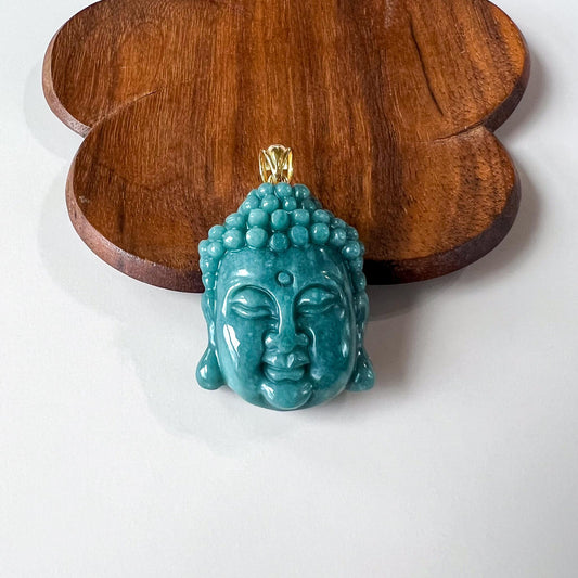 Jadeite Jade Buddha Head 18K Solid Gold Bail Pendant, Amida, Amitabha Buddha, 阿弥陀佛, Jade Carved Pendant, LAN-0424-1757816097