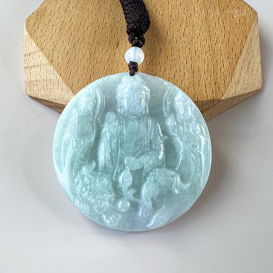 Three Buddha Jade Pendant, Amitabha, Guan Yin, Mahasthamaprapta, Da Shi Zhi, Avalokitesvara, Jadeite Jade Pendant, YJ-0522-0427813