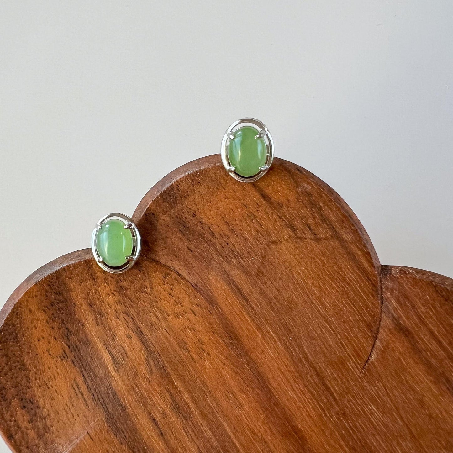 Classic Oval Jade Earring Studs, Green Nephrite Jade Sterling Silver Earrings, JSY-0424-12059