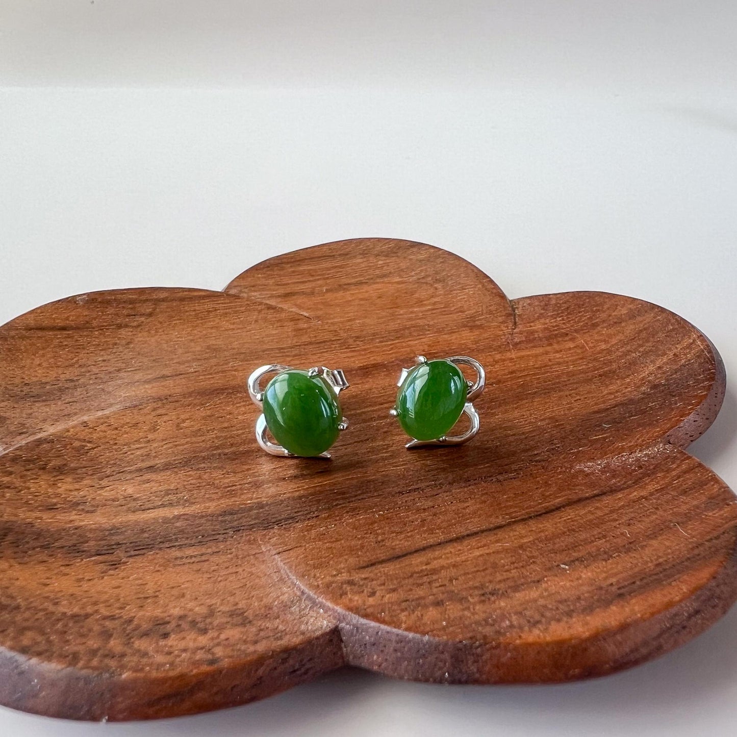 Jade Butterfly Wing Earring Studs, Green Nephrite Jade Sterling Silver Earrings, JSY-0424-12064