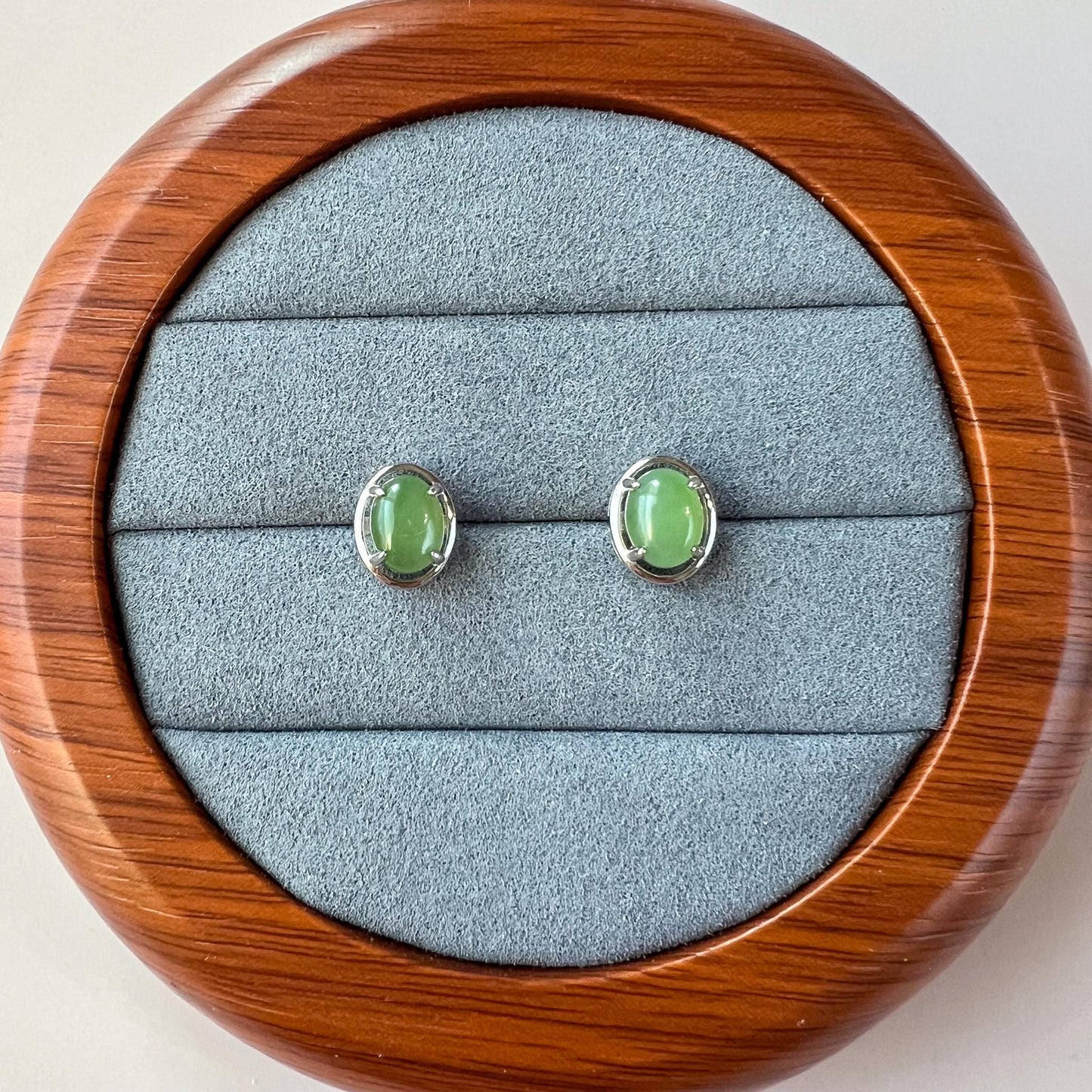 Classic Oval Jade Earring Studs, Green Nephrite Jade Sterling Silver Earrings, JSY-0424-12059