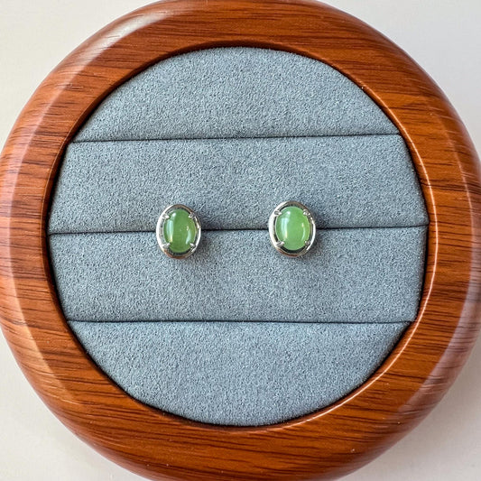 Classic Oval Jade Earring Studs, Green Nephrite Jade Sterling Silver Earrings, JSY-0424-12059