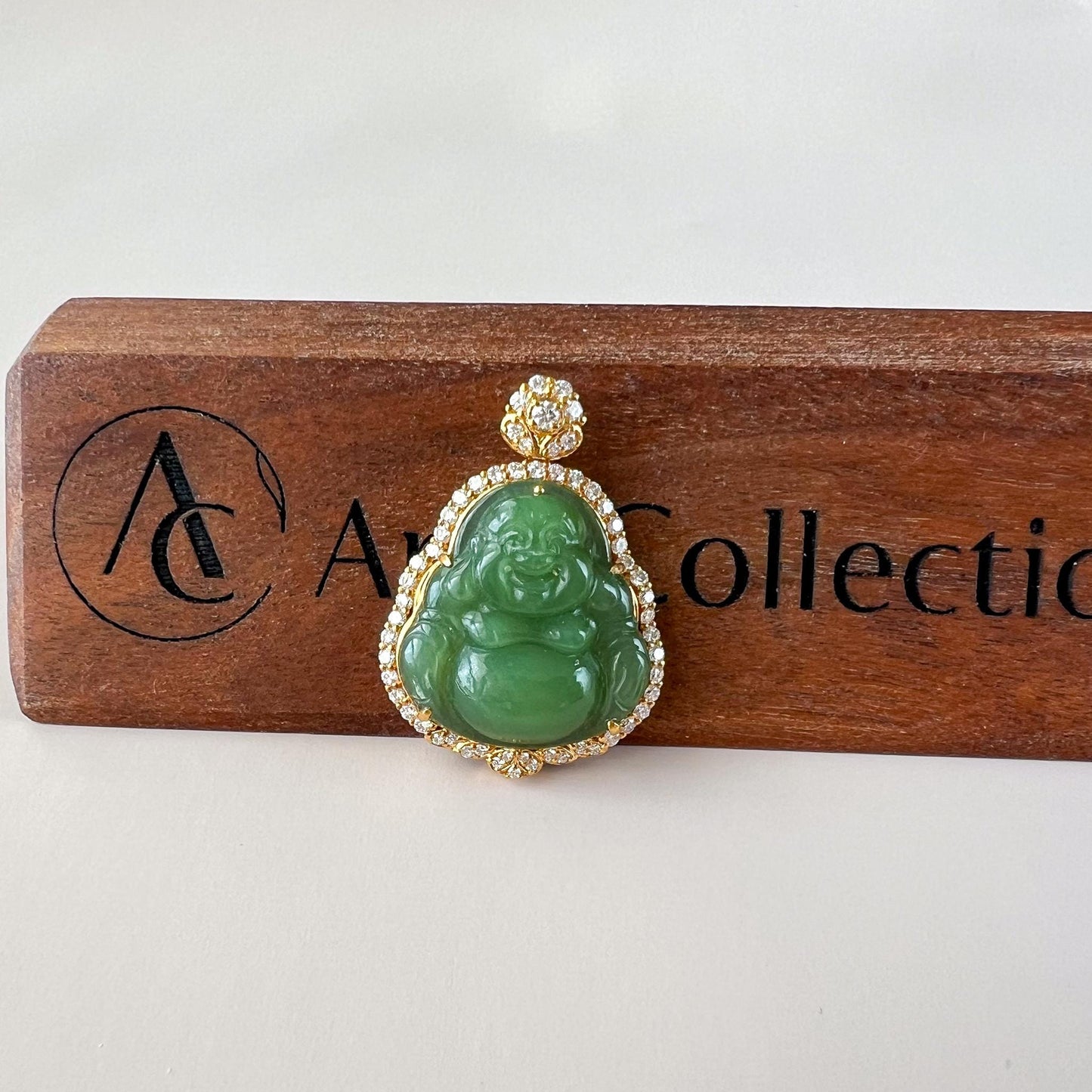 Laughing Buddha of Prosperity Jade Pendant, Green Jade Happy Buddha, Nephrite Jade with 18K Solid Gold and Diamonds, ZXG-1124-11760739971