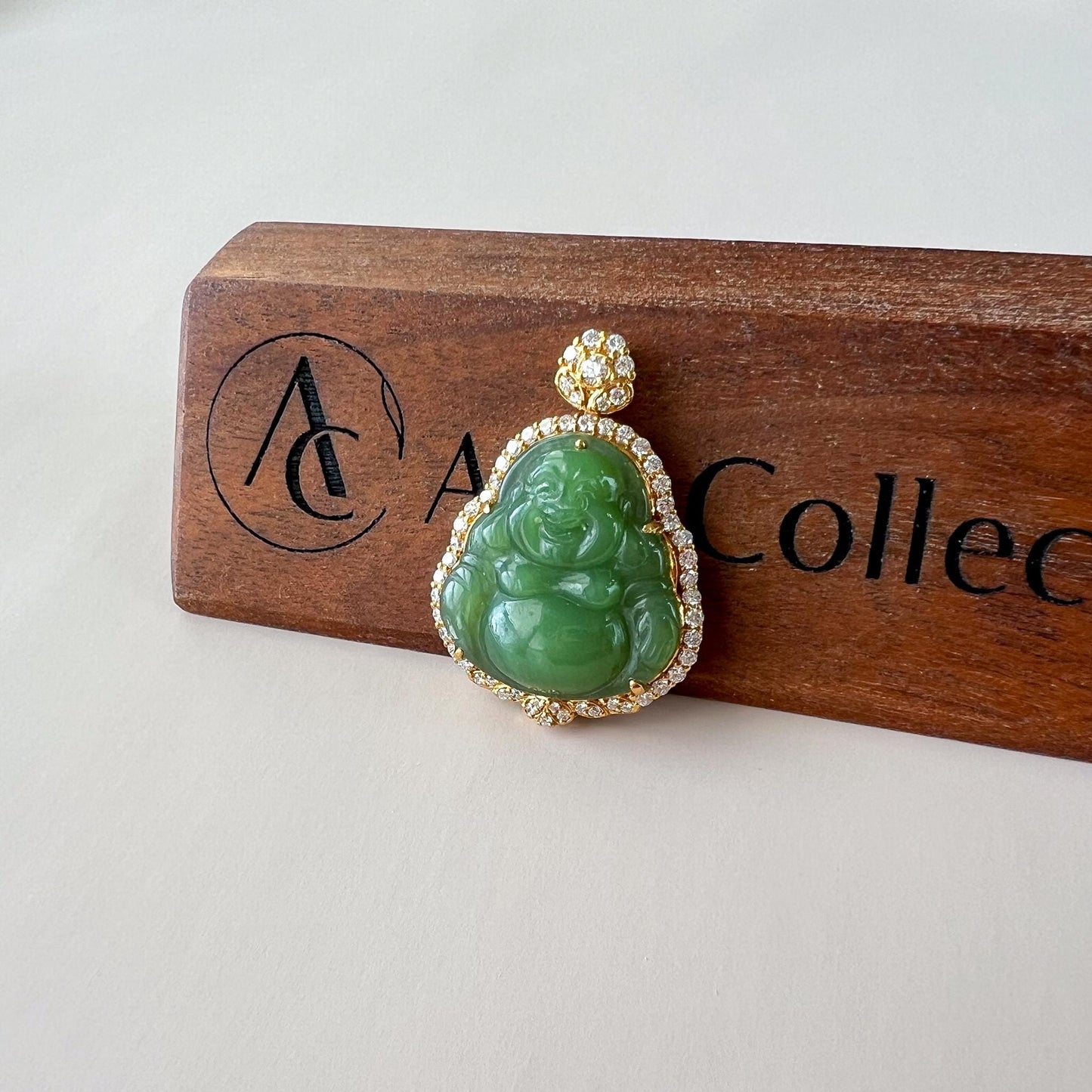Laughing Buddha of Prosperity Jade Pendant, Green Jade Happy Buddha, Nephrite Jade with 18K Solid Gold and Diamonds, ZXG-1124-11760739971