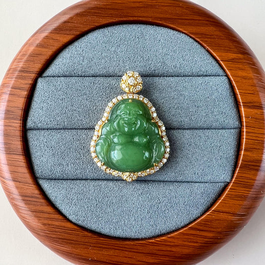Laughing Buddha of Prosperity Jade Pendant, Green Jade Happy Buddha, Nephrite Jade with 18K Solid Gold and Diamonds, ZXG-1124-11760739971