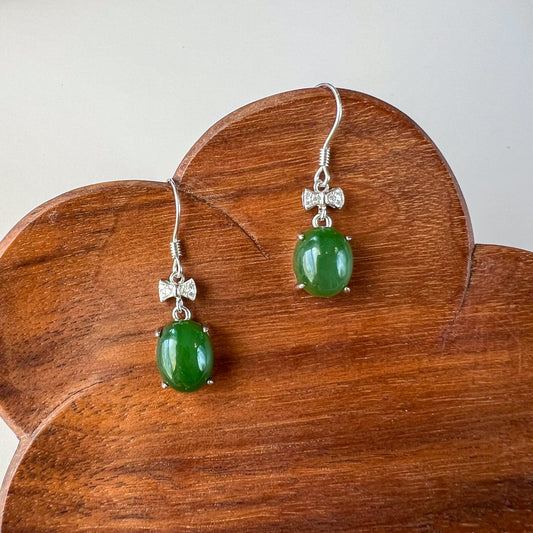 Classic Bow Green Jade Drop Earring, Green Nephrite Jade Sterling Silver Earrings, JSY-0424-12063