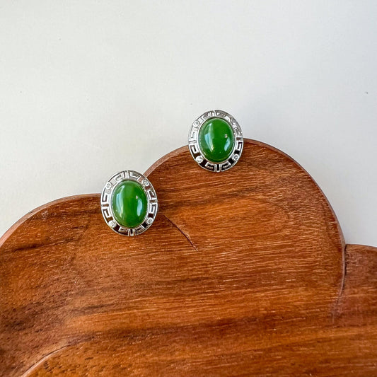 Meander Jade Earring Studs, Green Nephrite Jade Sterling Silver Earrings, JSY-0424-12062
