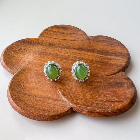 Green Jade Classic Earring Studs, Style 6, Green Nephrite Jade Sterling Silver Earrings, JSY-0424-12073