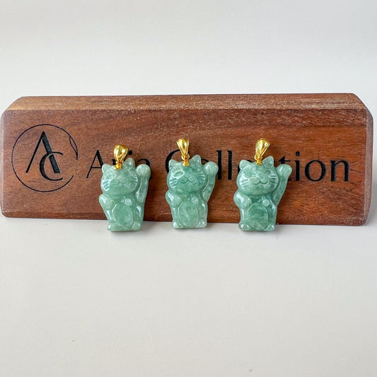 Jadeite Jade Fortune Money Cat 18K Gold Bail, Maneki-neko, Maneki Cat, Green Jade Pendant, FIN-0424-1760737803