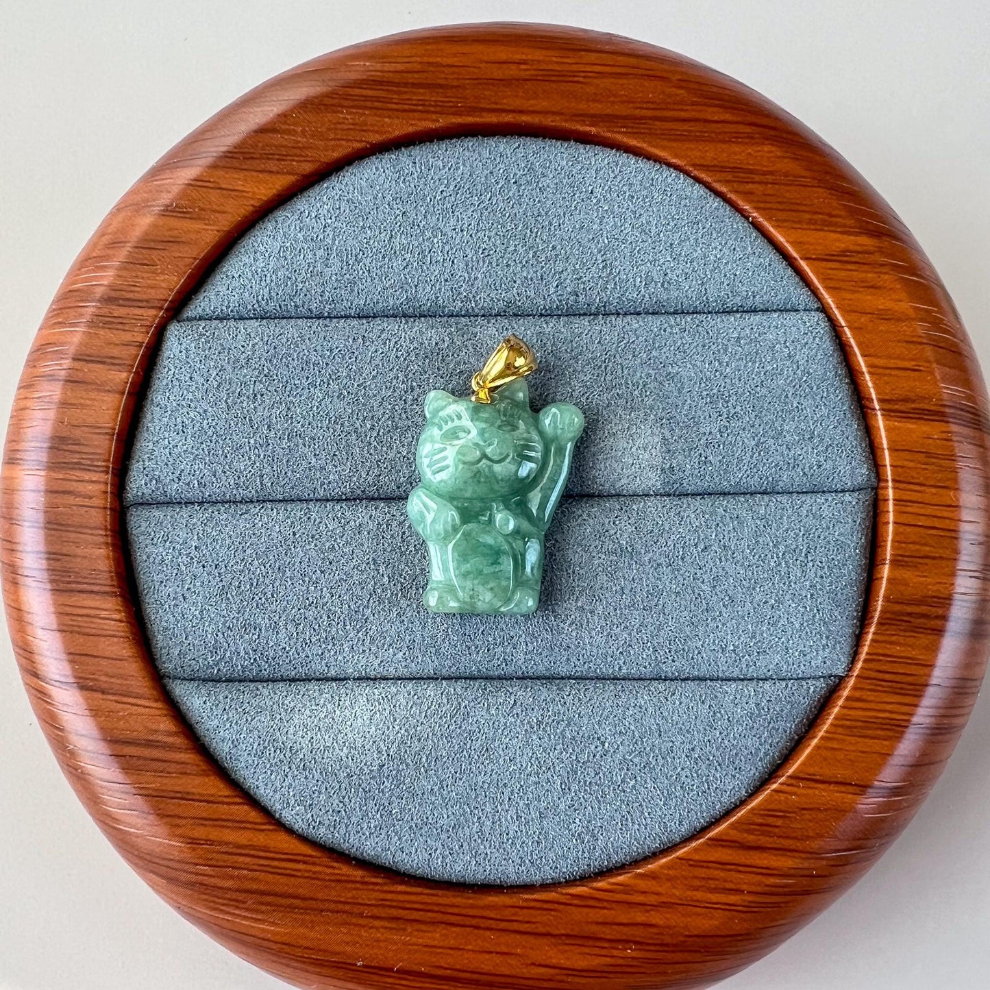 Jadeite Jade Fortune Money Cat 18K Gold Bail, Maneki-neko, Maneki Cat, Green Jade Pendant, FIN-0424-1760737803