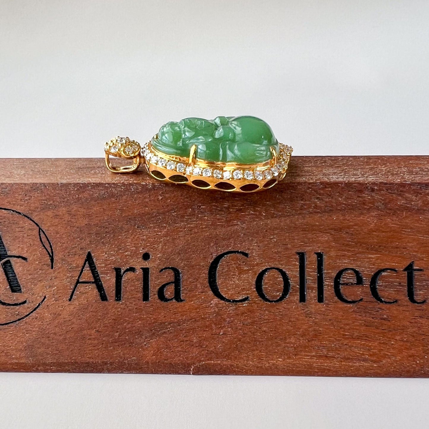 Laughing Buddha of Prosperity Jade Pendant, Green Jade Happy Buddha, Nephrite Jade with 18K Solid Gold and Diamonds, ZXG-1124-11760739971