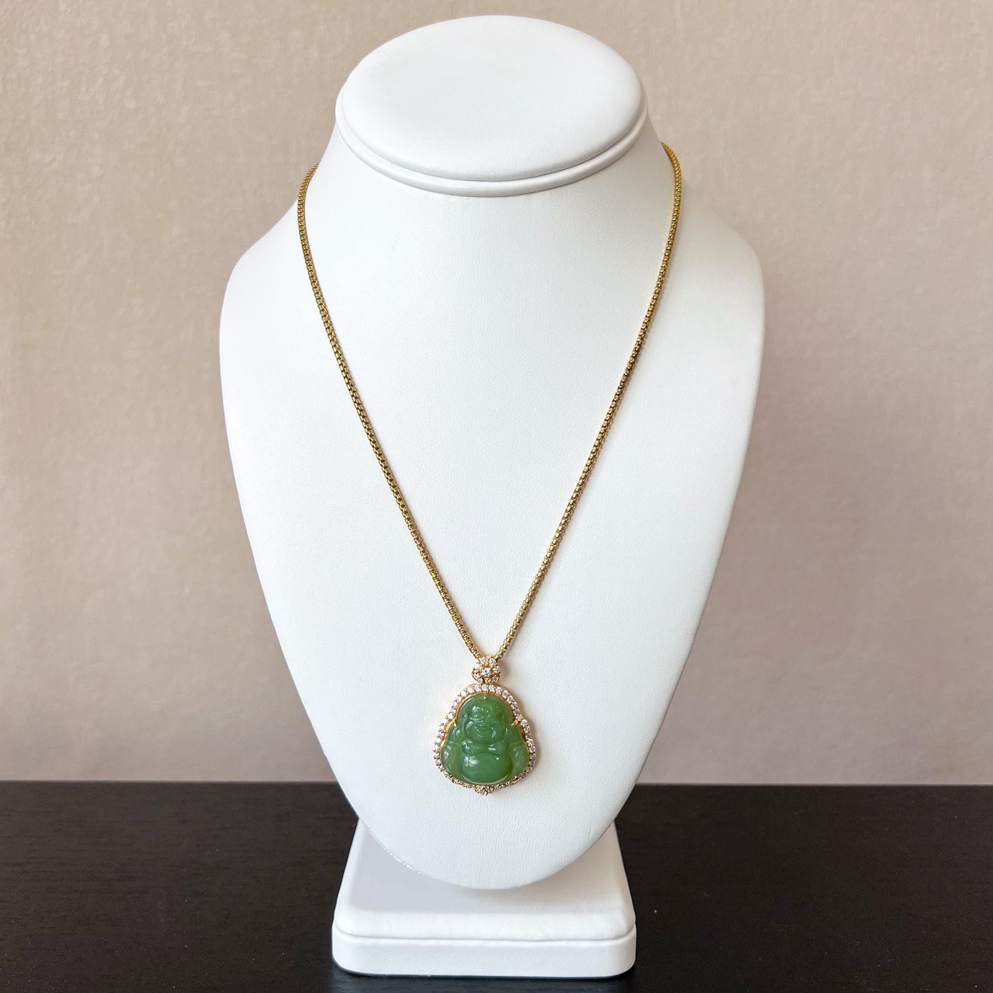 Laughing Buddha of Prosperity Jade Pendant, Green Jade Happy Buddha, Nephrite Jade with 18K Solid Gold and Diamonds, ZXG-1124-11760739971