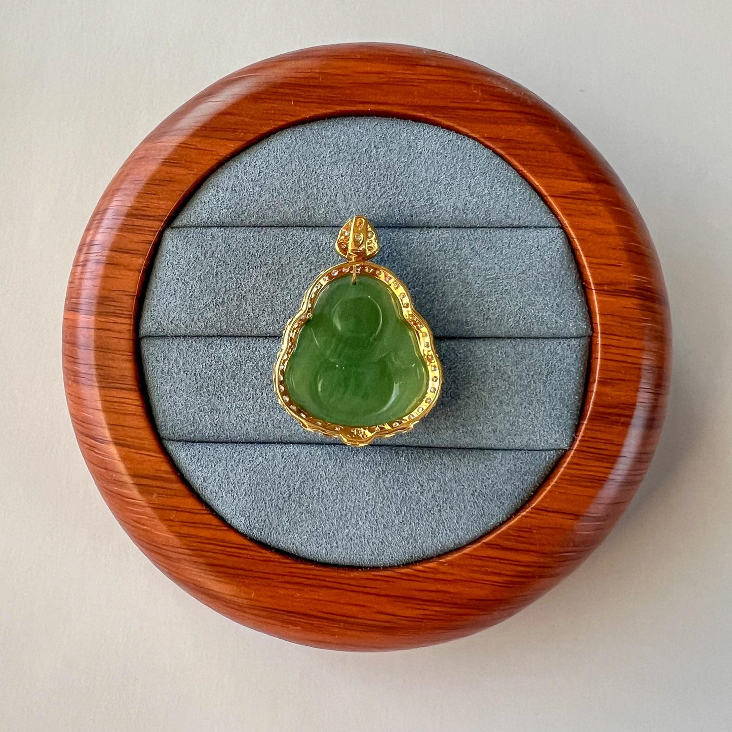 Laughing Buddha of Prosperity Jade Pendant, Green Jade Happy Buddha, Nephrite Jade with 18K Solid Gold and Diamonds, ZXG-1124-11760739971