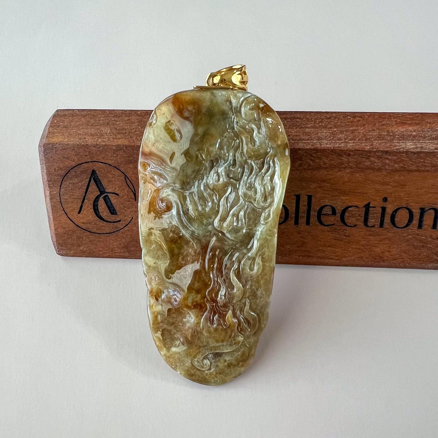 Imperial Blaze Dragon Jade Pendant, Large Green Jadeite Jade Dragon Hand Carved Pendant with 18K Gold, WMC-1224-1762123295