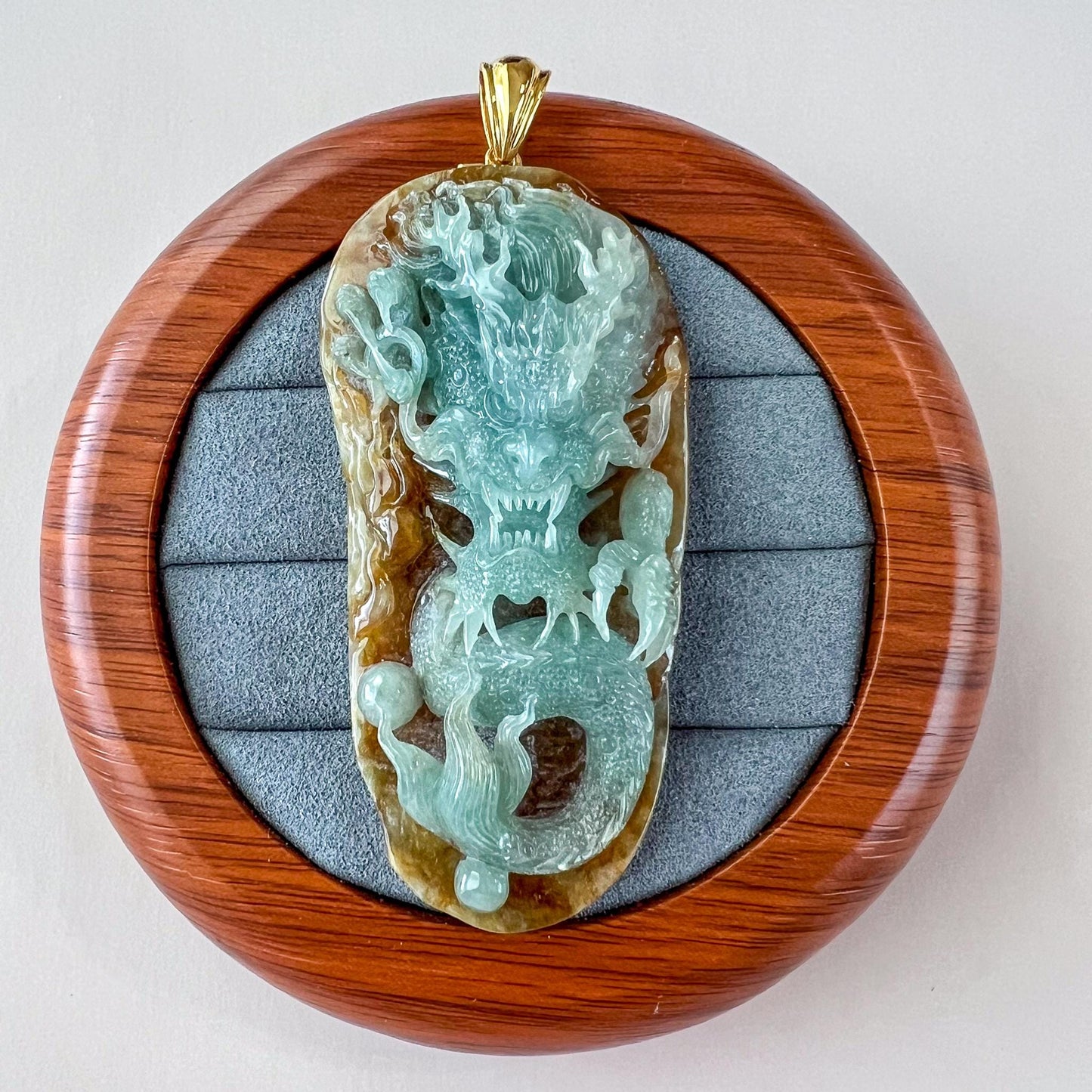 Imperial Blaze Dragon Jade Pendant, Large Green Jadeite Jade Dragon Hand Carved Pendant with 18K Gold, WMC-1224-1762123295