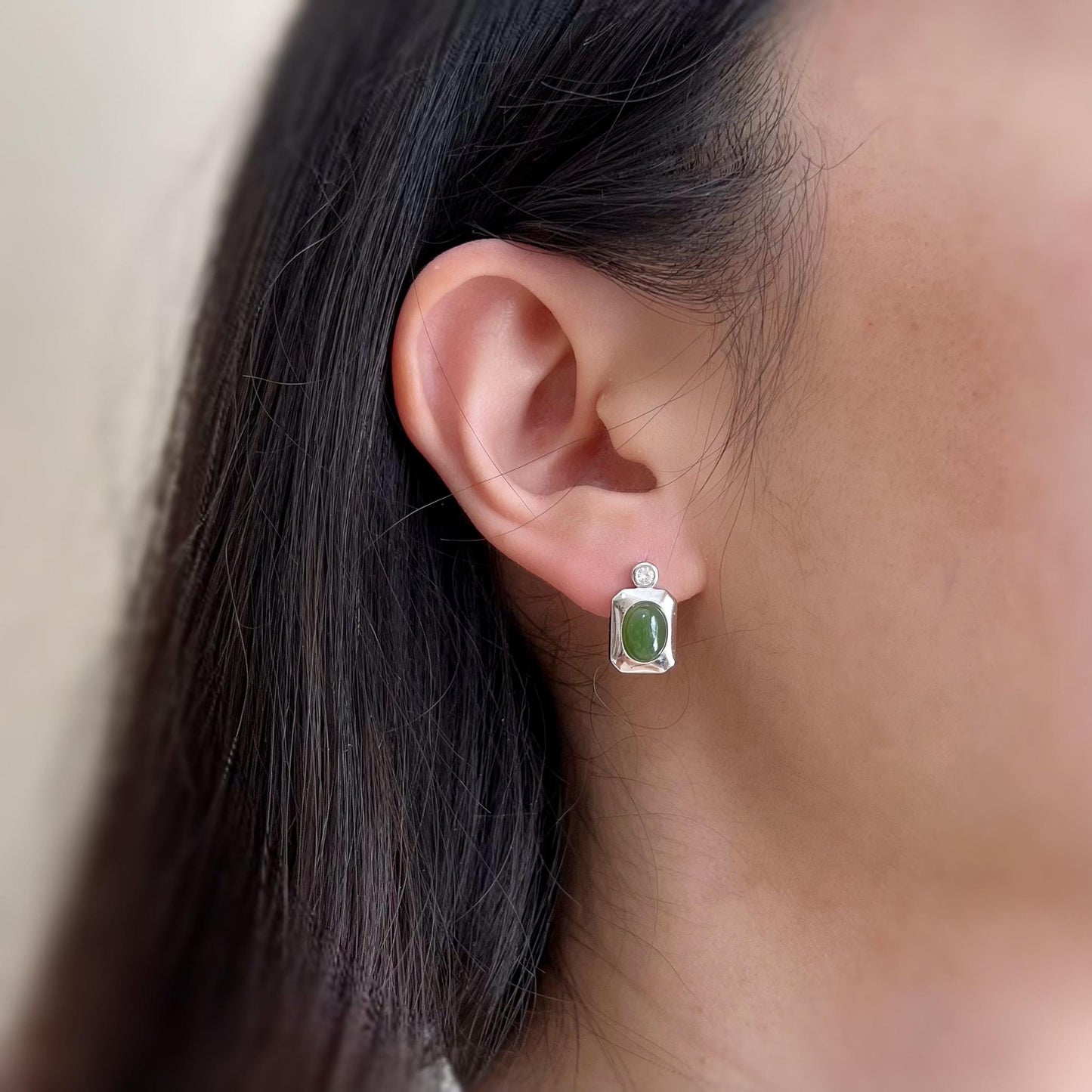 Jade Facet Earring Studs, Green Nephrite Jade Sterling Silver Earrings, JSY-0424-12181