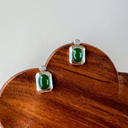 Jade Facet Earring Studs, Green Nephrite Jade Sterling Silver Earrings, JSY-0424-12181