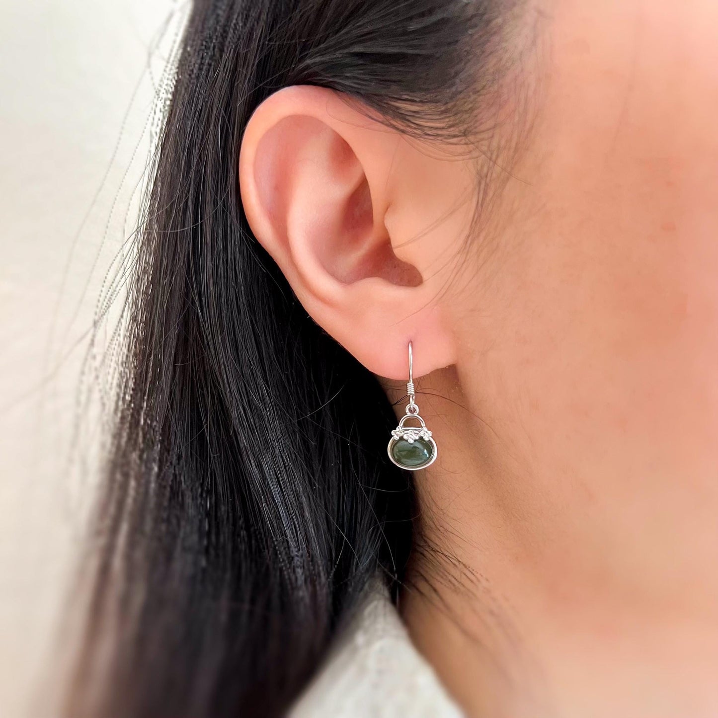 Jade Purse Earrings, Style 2, Green Nephrite Jade Sterling Silver Earrings, JSY-0424-12212