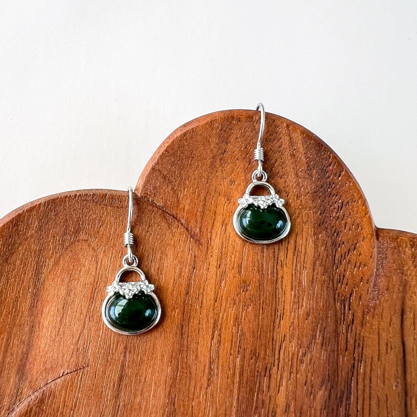 Jade Purse Earrings, Style 2, Green Nephrite Jade Sterling Silver Earrings, JSY-0424-12212