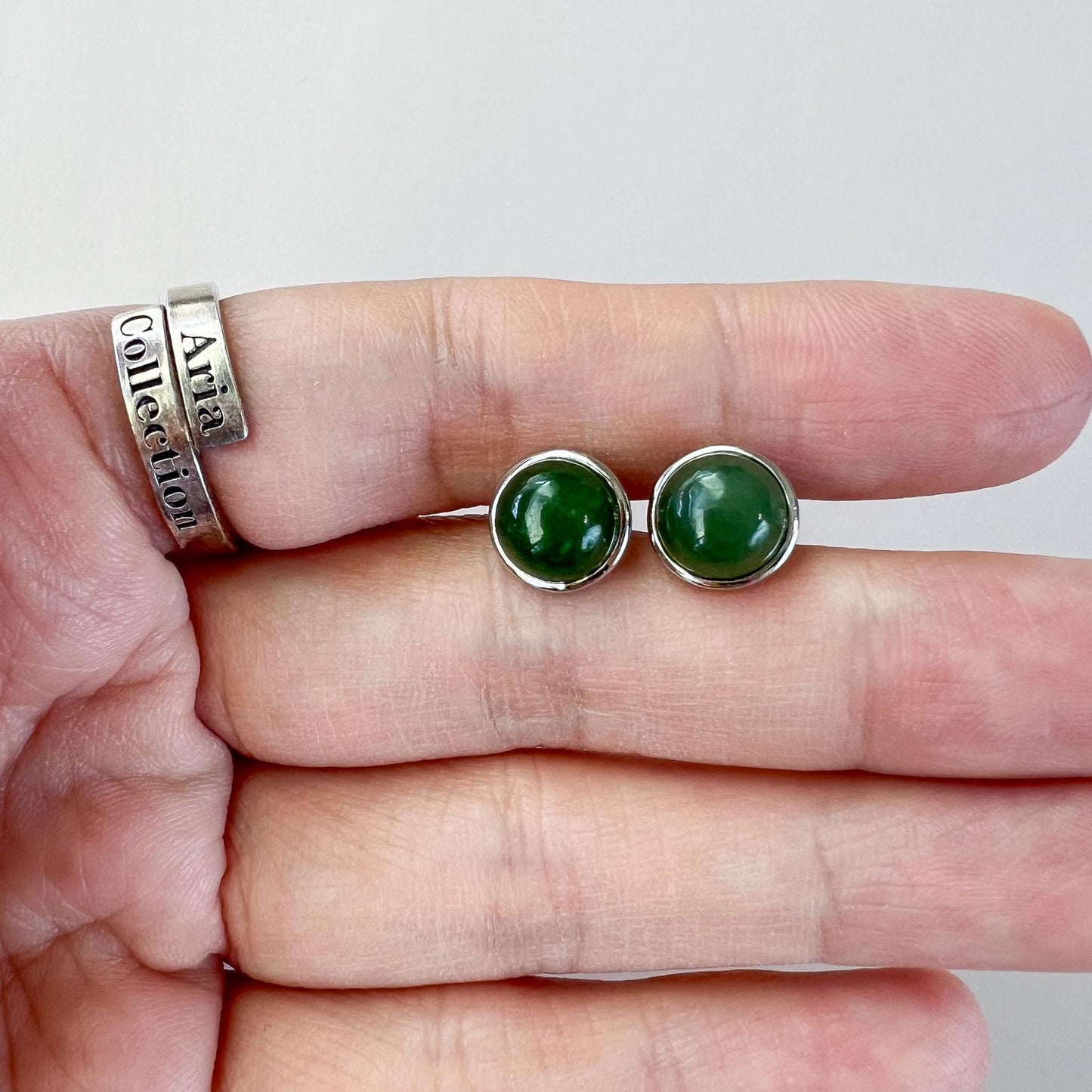 Round Jade Earring Studs, Green Nephrite Jade Sterling Silver Earrings, JSY-0424-12205