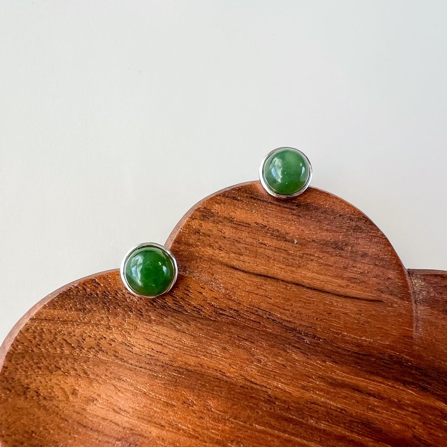 Round Jade Earring Studs, Green Nephrite Jade Sterling Silver Earrings, JSY-0424-12205