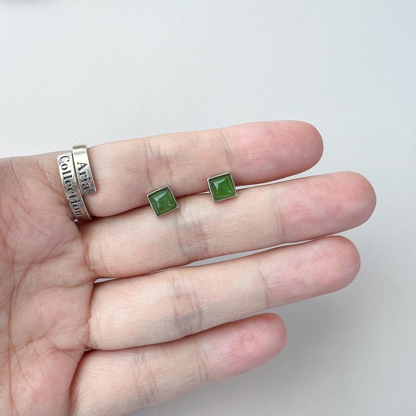 Small Square Jade Earring Studs, Green Nephrite Jade Sterling Silver Earrings, JSY-0424-12168