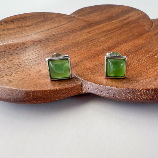 Small Square Jade Earring Studs, Green Nephrite Jade Sterling Silver Earrings, JSY-0424-12168
