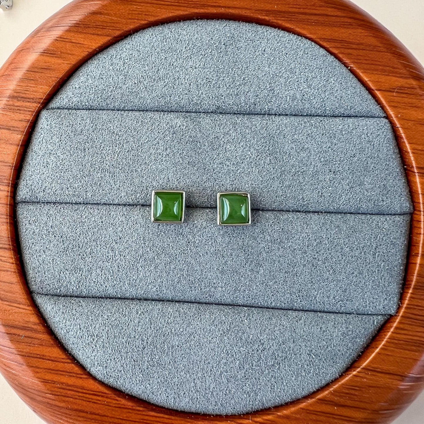 Small Square Jade Earring Studs, Green Nephrite Jade Sterling Silver Earrings, JSY-0424-12168