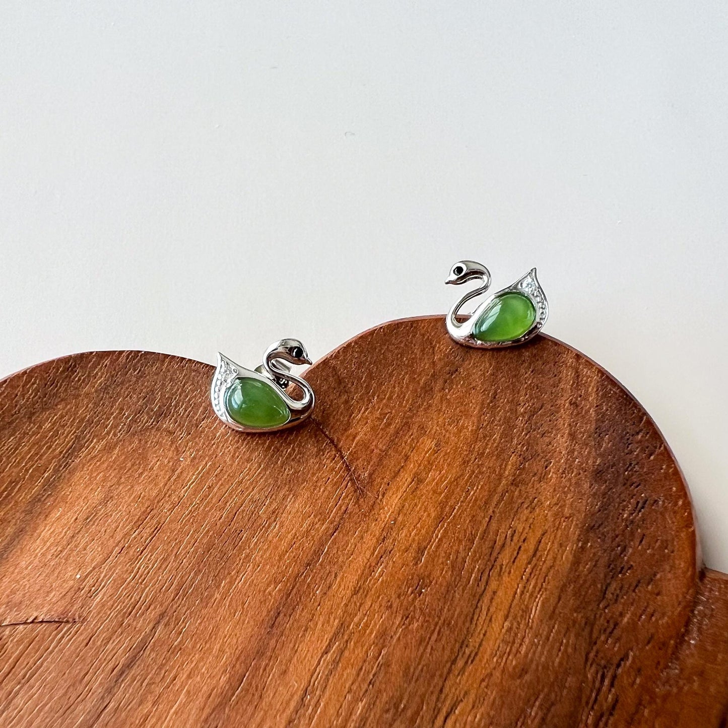 Jade Swan Earring Studs, Green Nephrite Jade Sterling Silver Earrings, JSY-0424-12208