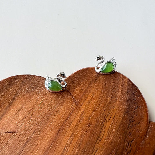 Jade Swan Earring Studs, Green Nephrite Jade Sterling Silver Earrings, JSY-0424-12208