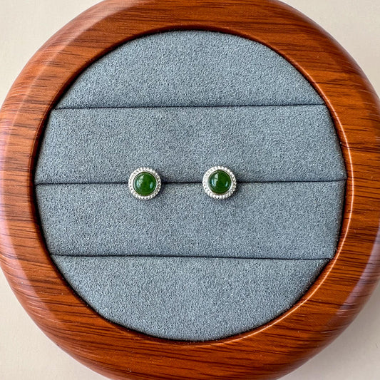 Small Classic Round Jade Earring Studs, Style 3, Green Nephrite Jade Sterling Silver Earrings, JSY-0424-12177