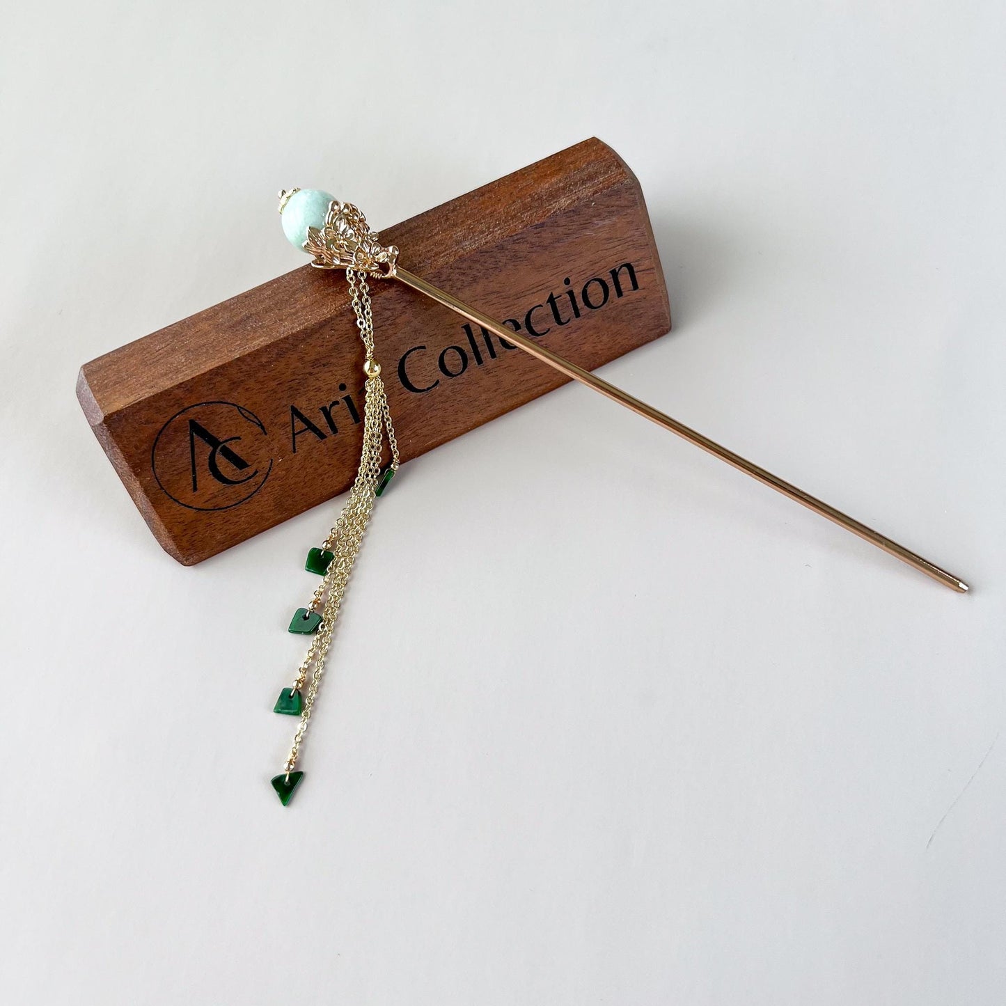 Jade Hairpin, Gold Plated, Light Green Jade, Grade A Jade hair pin, SHWQ-1221-1762721513