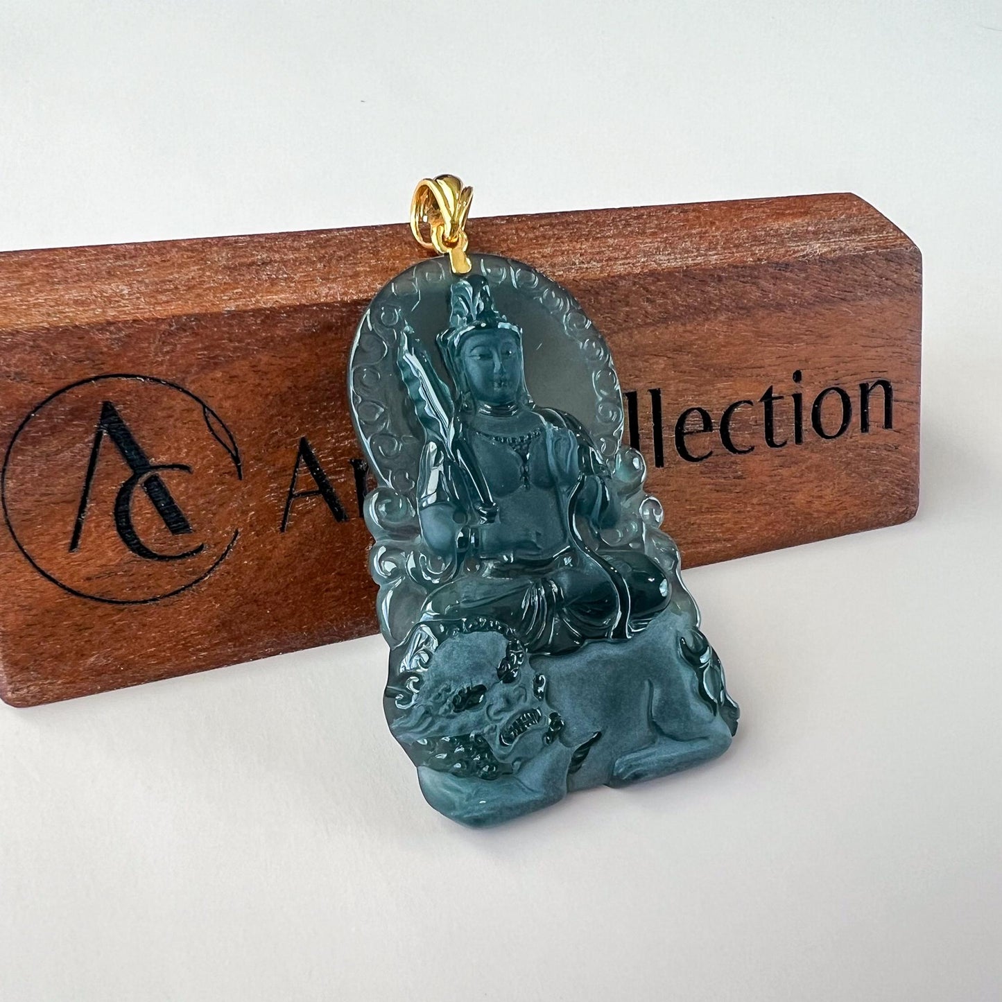 Manjushri Buddha Pendant with 18K gold, Jadeite Jade Wisdom Buddha Wen Shu, Văn Thù Sư Lợi Bồ Tát,  文殊, Carved Pendant, CHAR-0424-1762722517