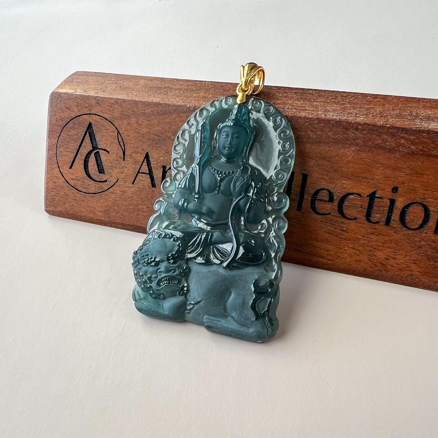 Manjushri Buddha Pendant with 18K gold, Jadeite Jade Wisdom Buddha Wen Shu, Văn Thù Sư Lợi Bồ Tát,  文殊, Carved Pendant, CHAR-0424-1762722517