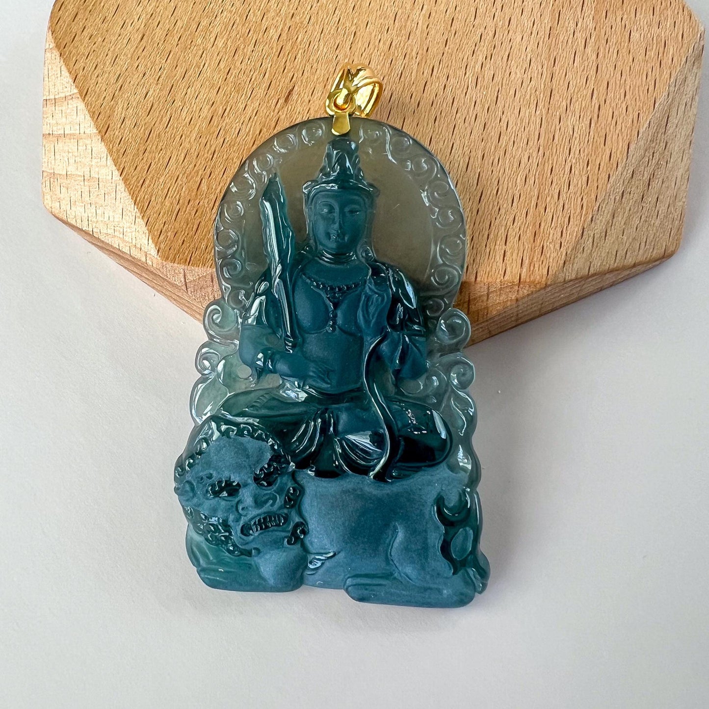 Manjushri Buddha Pendant with 18K gold, Jadeite Jade Wisdom Buddha Wen Shu, Văn Thù Sư Lợi Bồ Tát,  文殊, Carved Pendant, CHAR-0424-1762722517