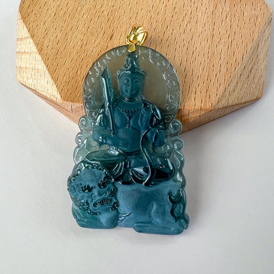 Manjushri Buddha Pendant with 18K gold, Jadeite Jade Wisdom Buddha Wen Shu, Văn Thù Sư Lợi Bồ Tát,  文殊, Carved Pendant, CHAR-0424-1762722517
