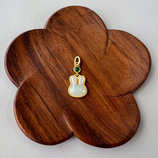 Lucky Rabbit Jade Pendant, Nephrite Jade Bunny Pendant with Gold Plated Sterling Silver, JSY-1025-0029