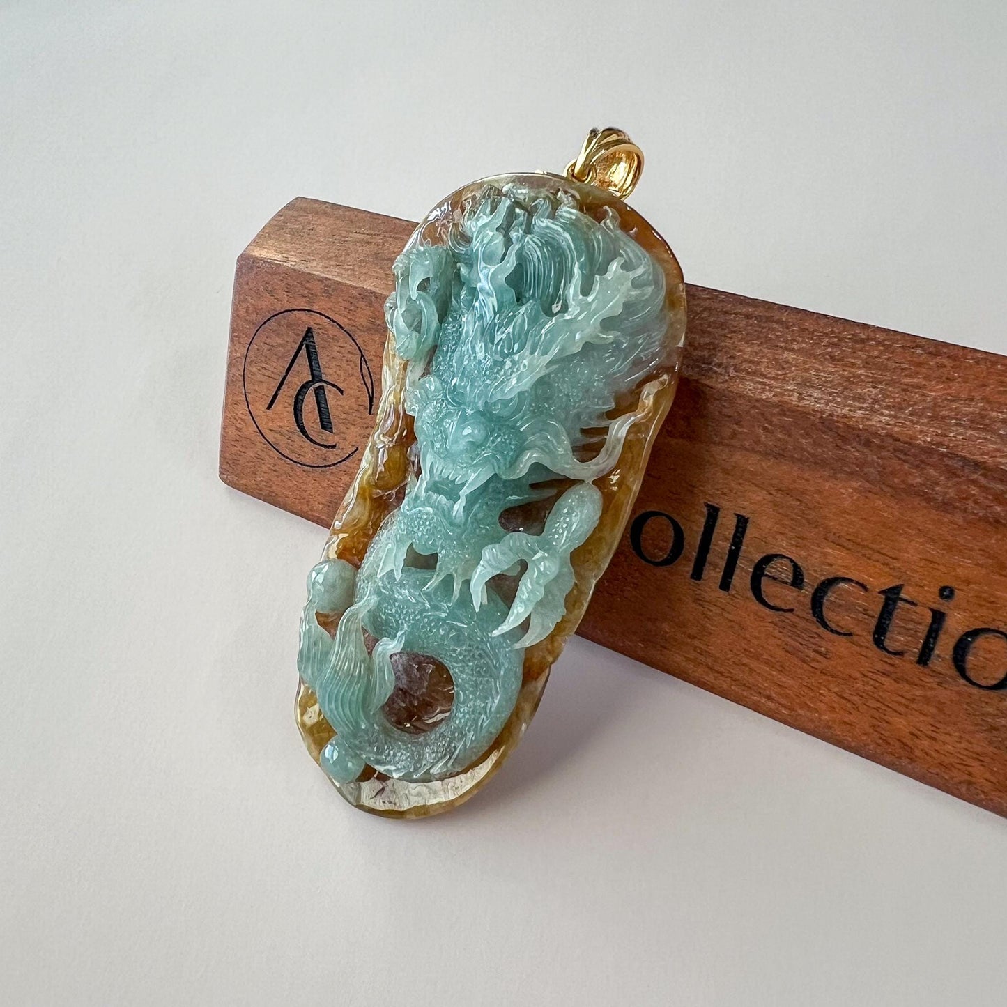Imperial Blaze Dragon Jade Pendant, Large Green Jadeite Jade Dragon Hand Carved Pendant with 18K Gold, WMC-1224-1762123295