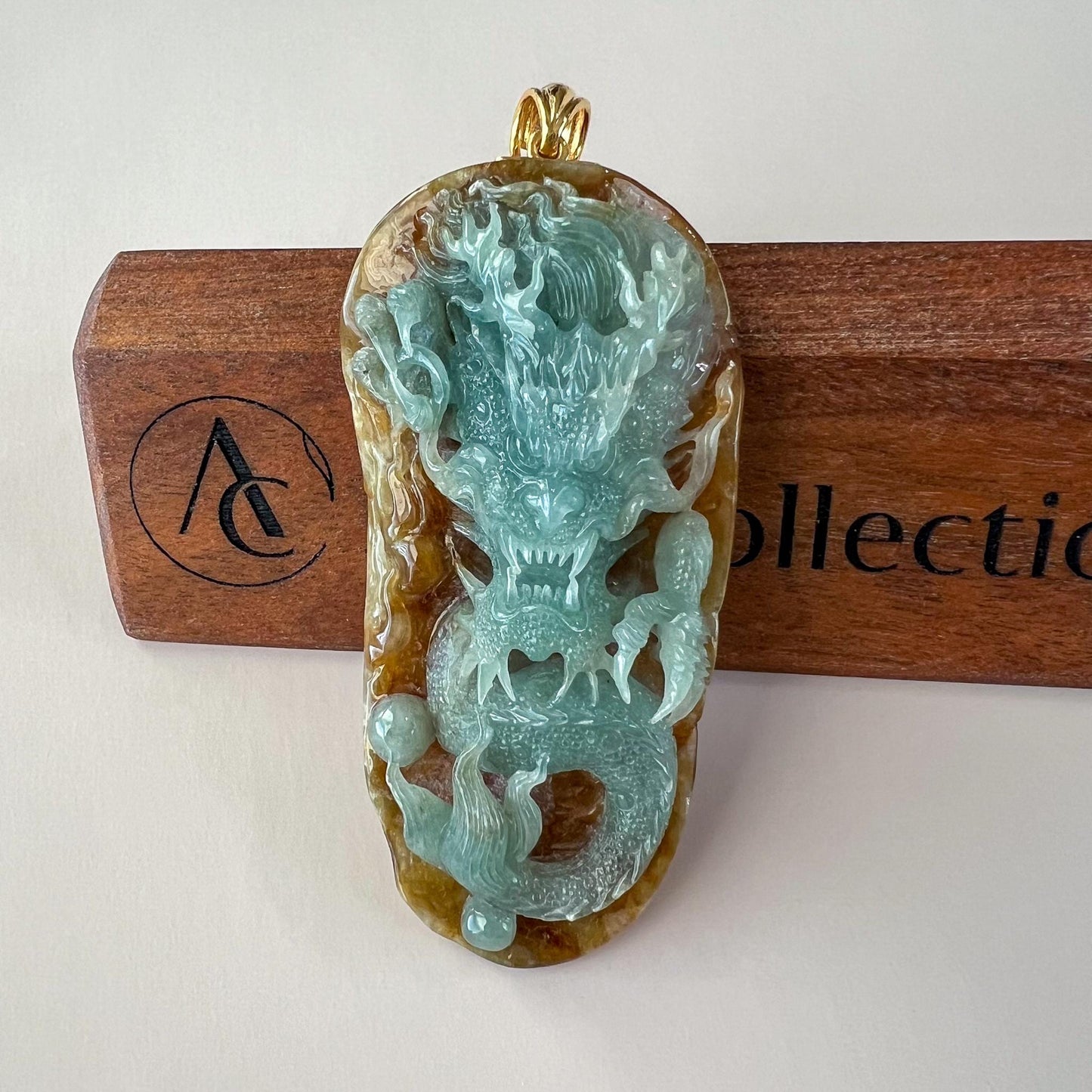 Imperial Blaze Dragon Jade Pendant, Large Green Jadeite Jade Dragon Hand Carved Pendant with 18K Gold, WMC-1224-1762123295