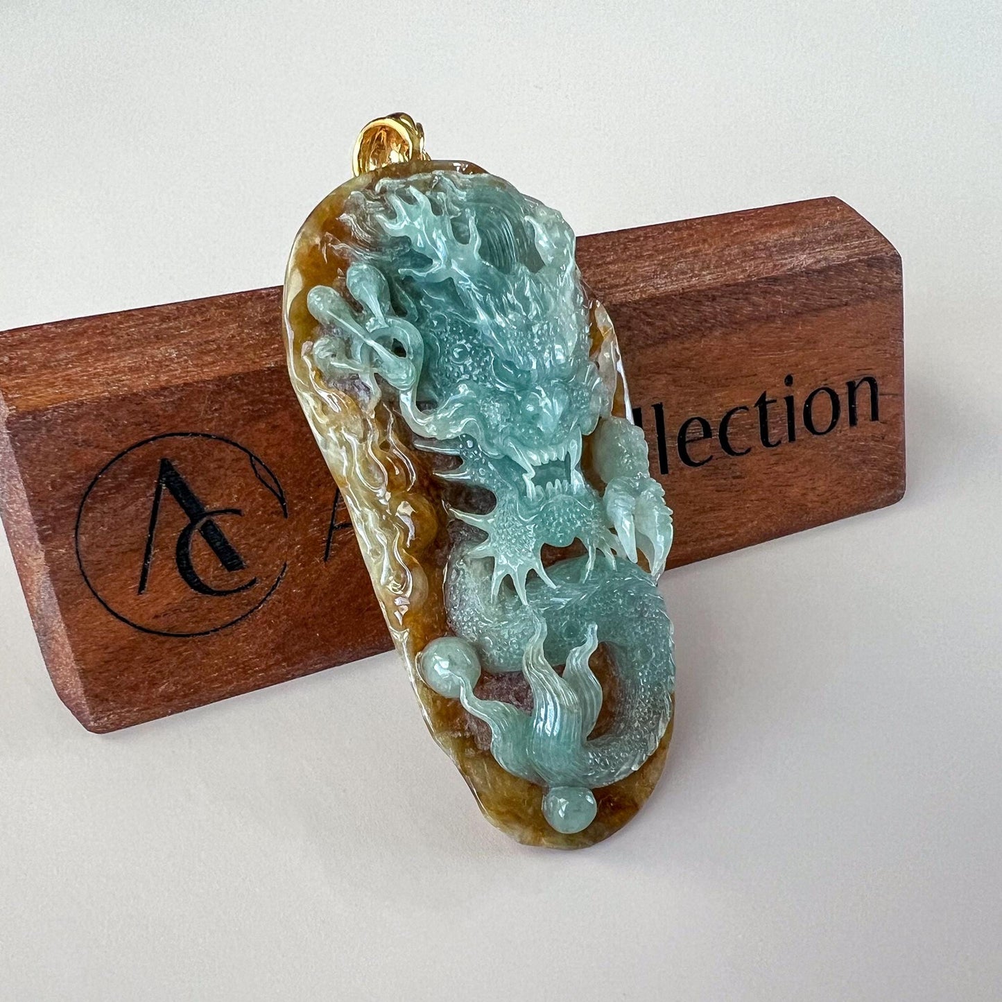 Imperial Blaze Dragon Jade Pendant, Large Green Jadeite Jade Dragon Hand Carved Pendant with 18K Gold, WMC-1224-1762123295