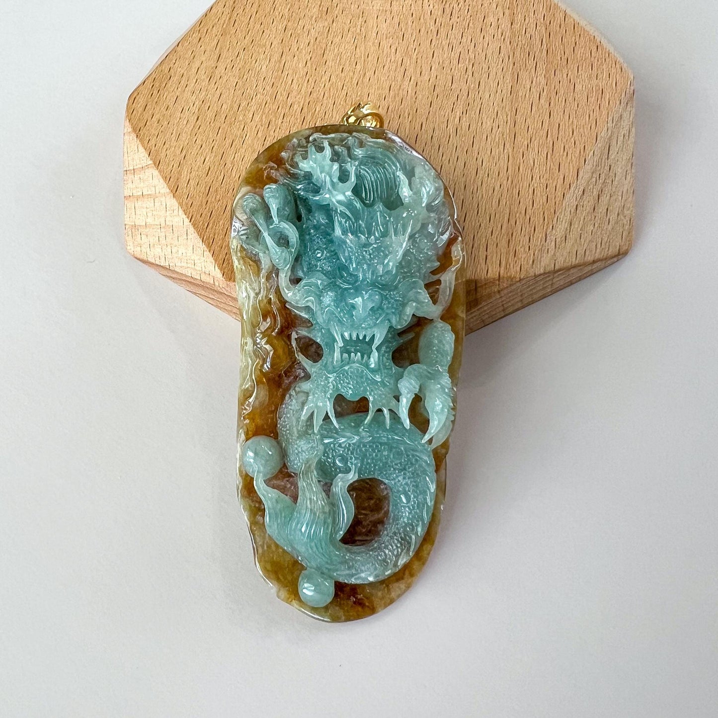 Imperial Blaze Dragon Jade Pendant, Large Green Jadeite Jade Dragon Hand Carved Pendant with 18K Gold, WMC-1224-1762123295