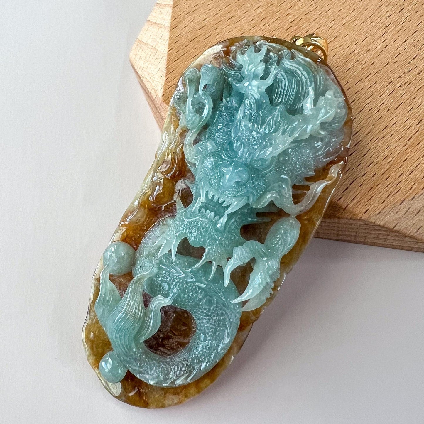 Imperial Blaze Dragon Jade Pendant, Large Green Jadeite Jade Dragon Hand Carved Pendant with 18K Gold, WMC-1224-1762123295