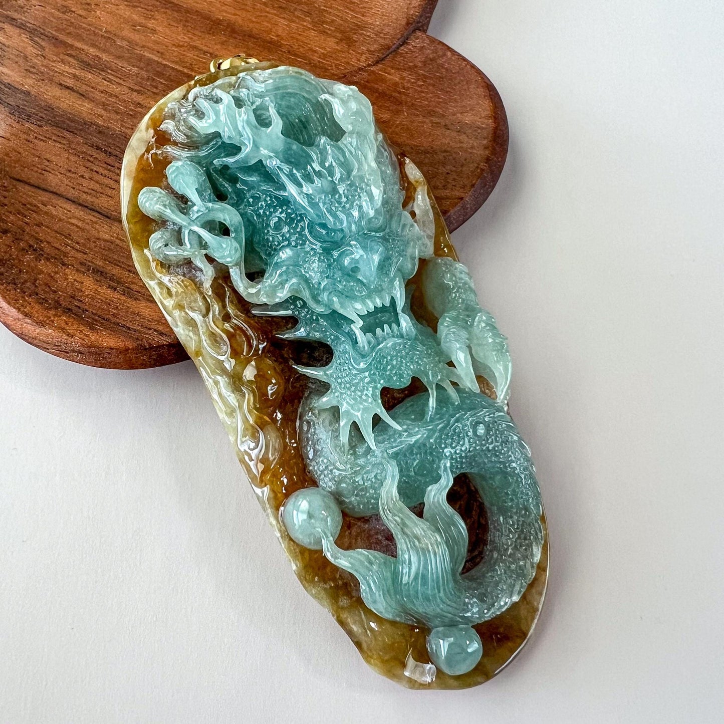 Imperial Blaze Dragon Jade Pendant, Large Green Jadeite Jade Dragon Hand Carved Pendant with 18K Gold, WMC-1224-1762123295