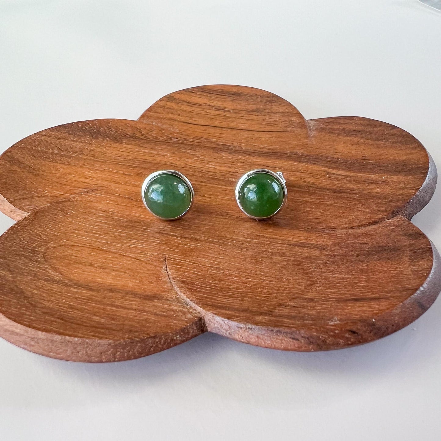 Round Jade Earring Studs, Green Nephrite Jade Sterling Silver Earrings, JSY-0424-12205