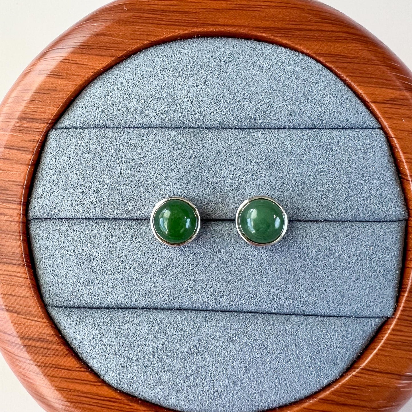 Round Jade Earring Studs, Green Nephrite Jade Sterling Silver Earrings, JSY-0424-12205