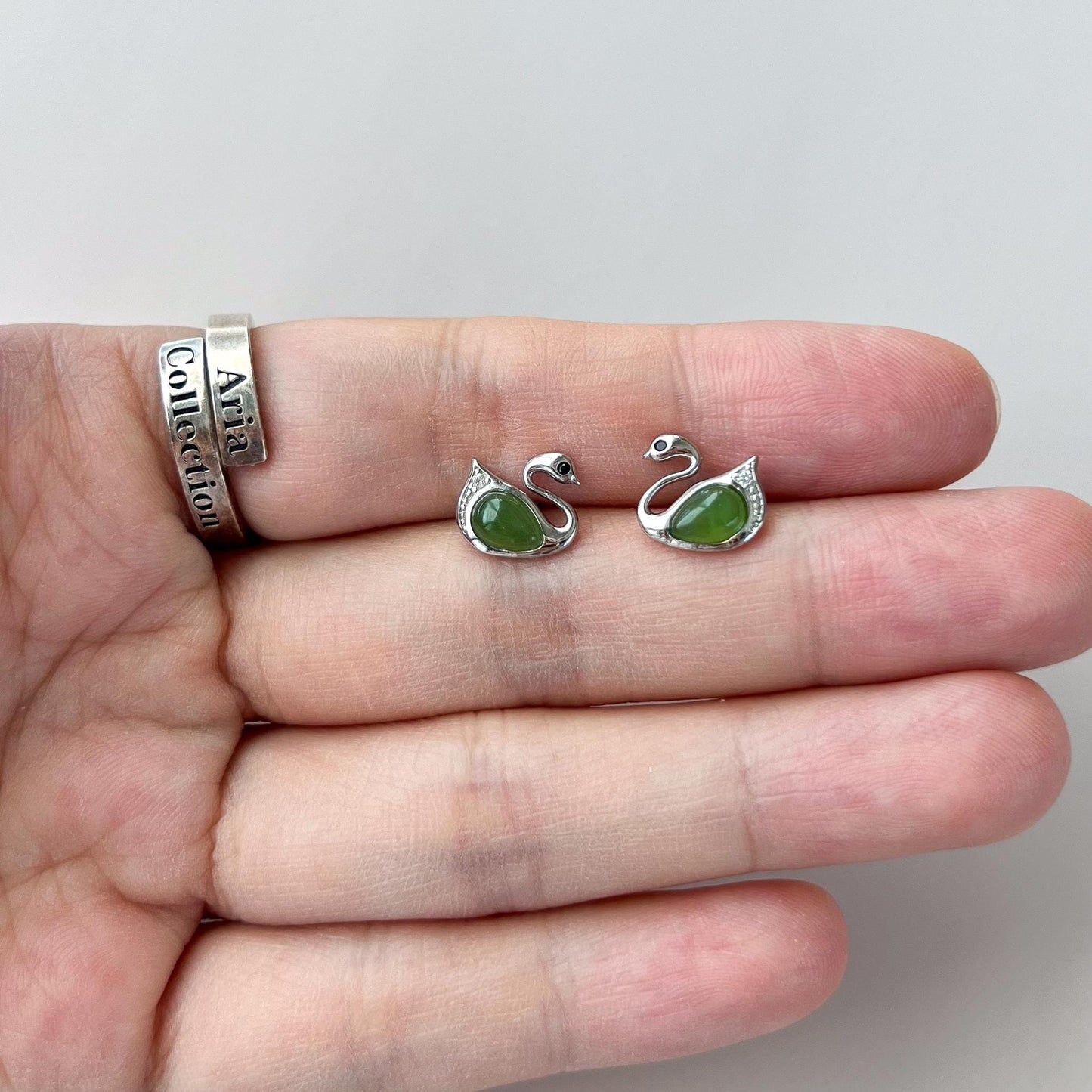 Jade Swan Earring Studs, Green Nephrite Jade Sterling Silver Earrings, JSY-0424-12208